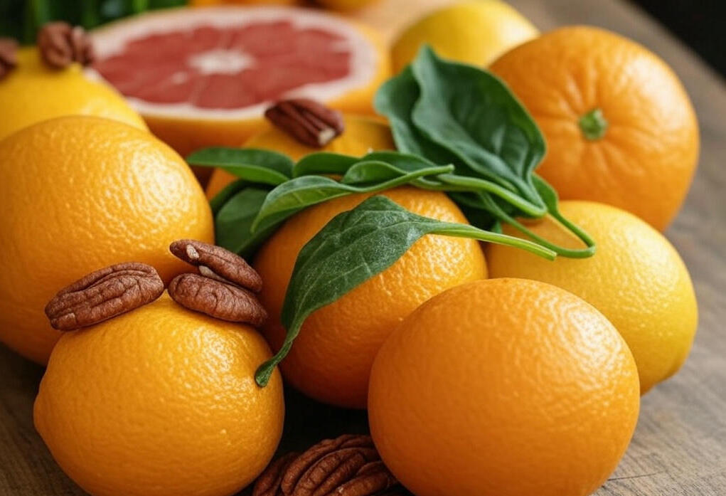 Frutas cítricas, nueces, espinacas