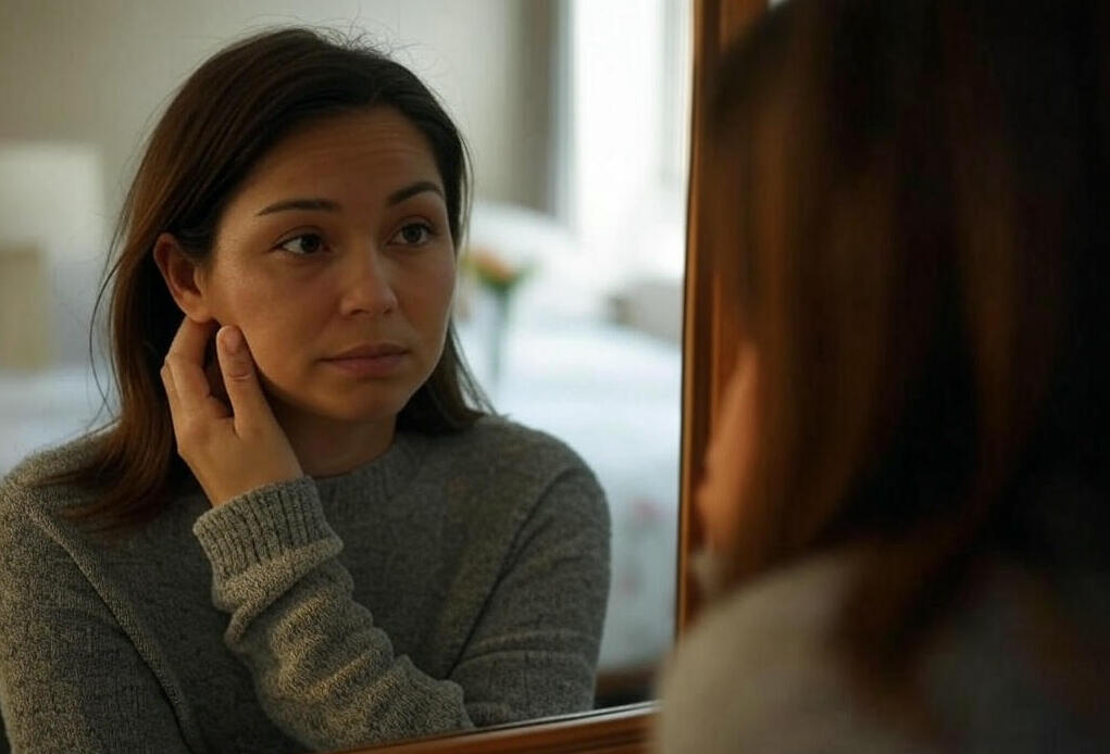 Mujer adulta tocándose la cara frente al espejo