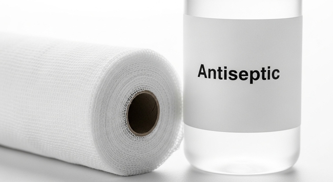 Botella de antiséptico junto a gasas