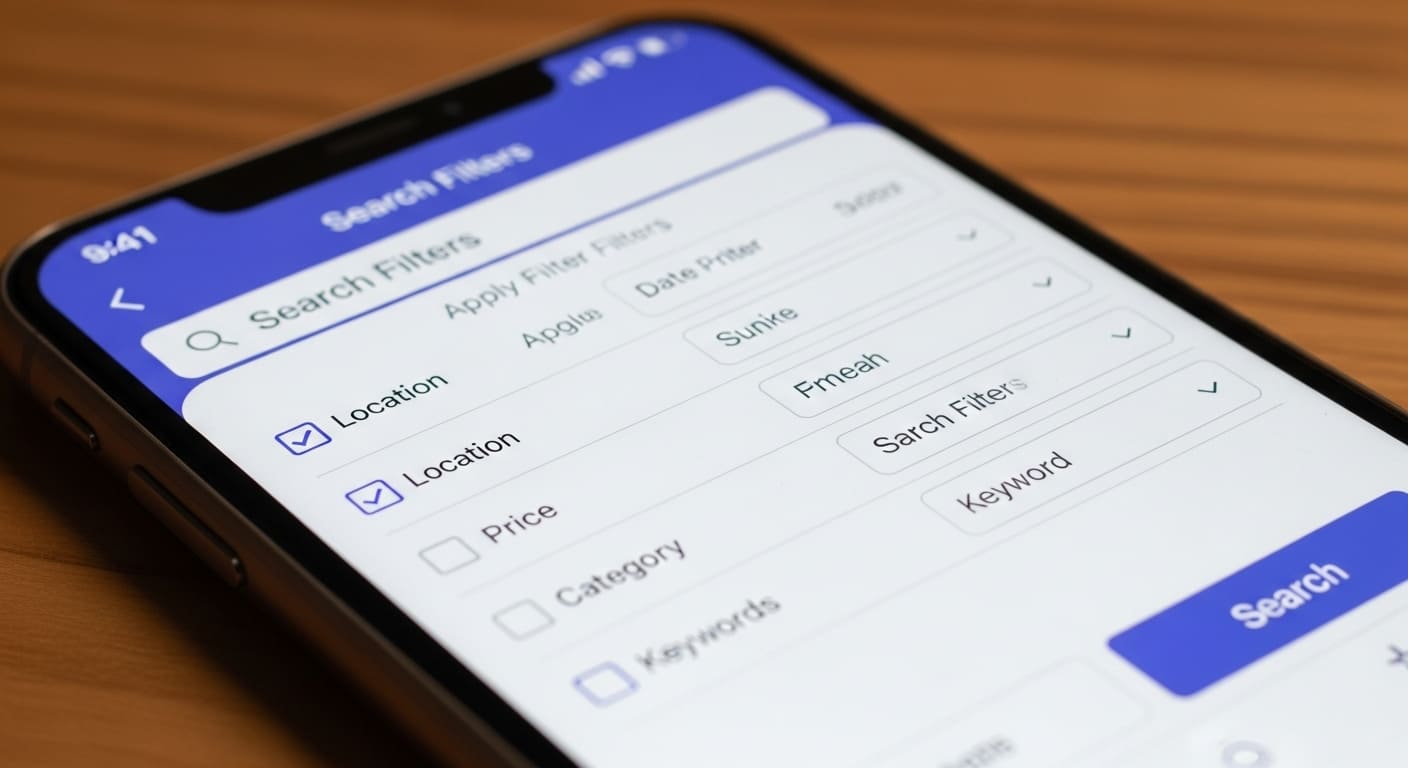 Pantalla de móvil con filtros de búsqueda