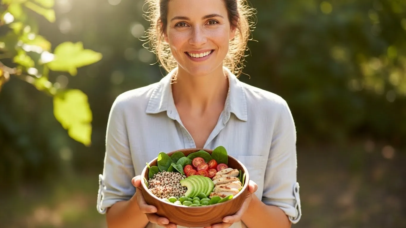 Mujer adulta sosteniendo alimentos saludables