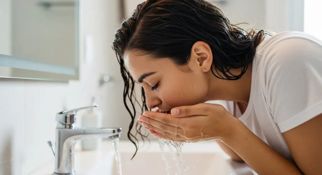 Mujer lavando su cara